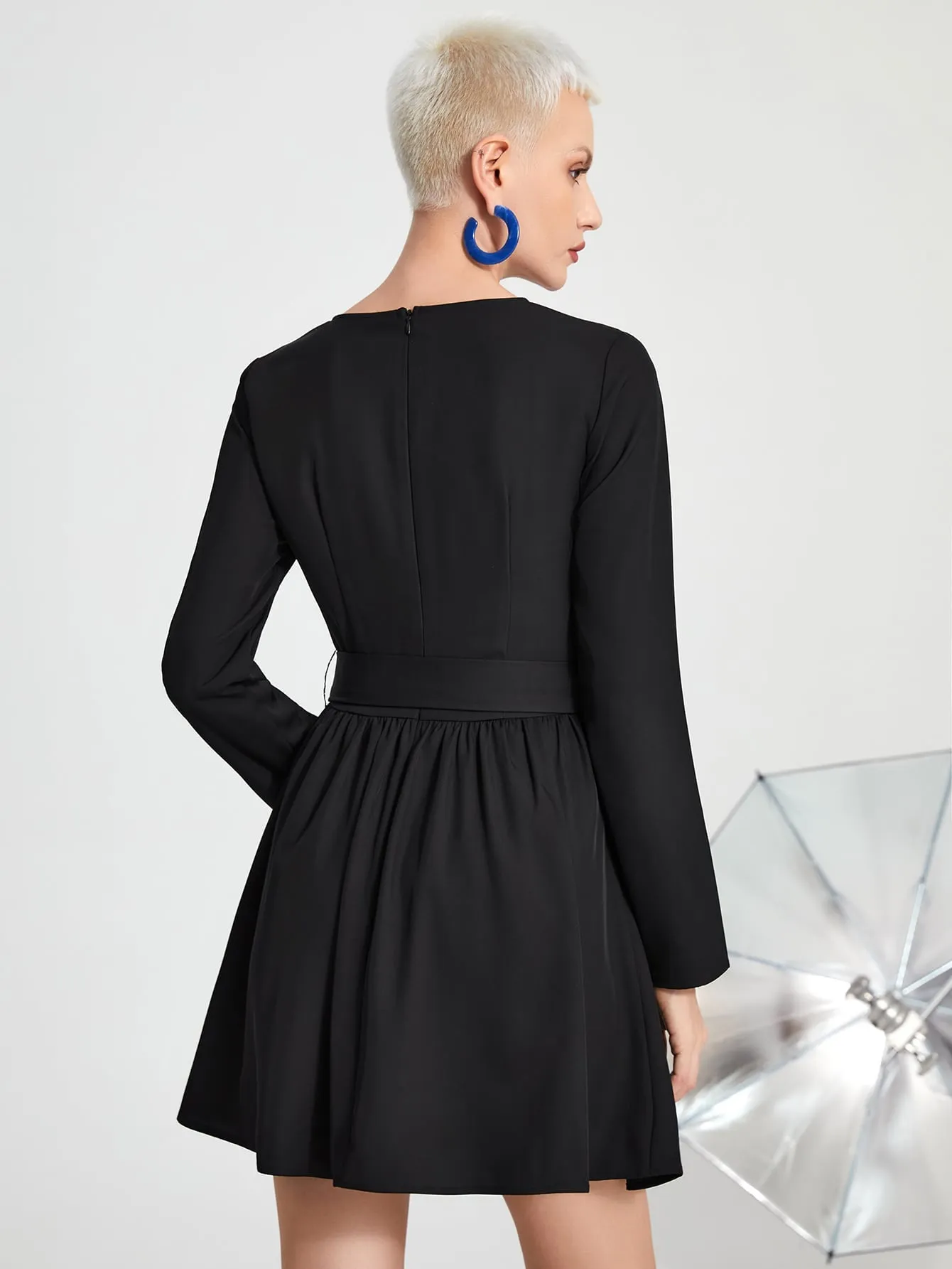 Elegant Plain Button Front Long Sleeve V Neck Flared High Waist Short Dress