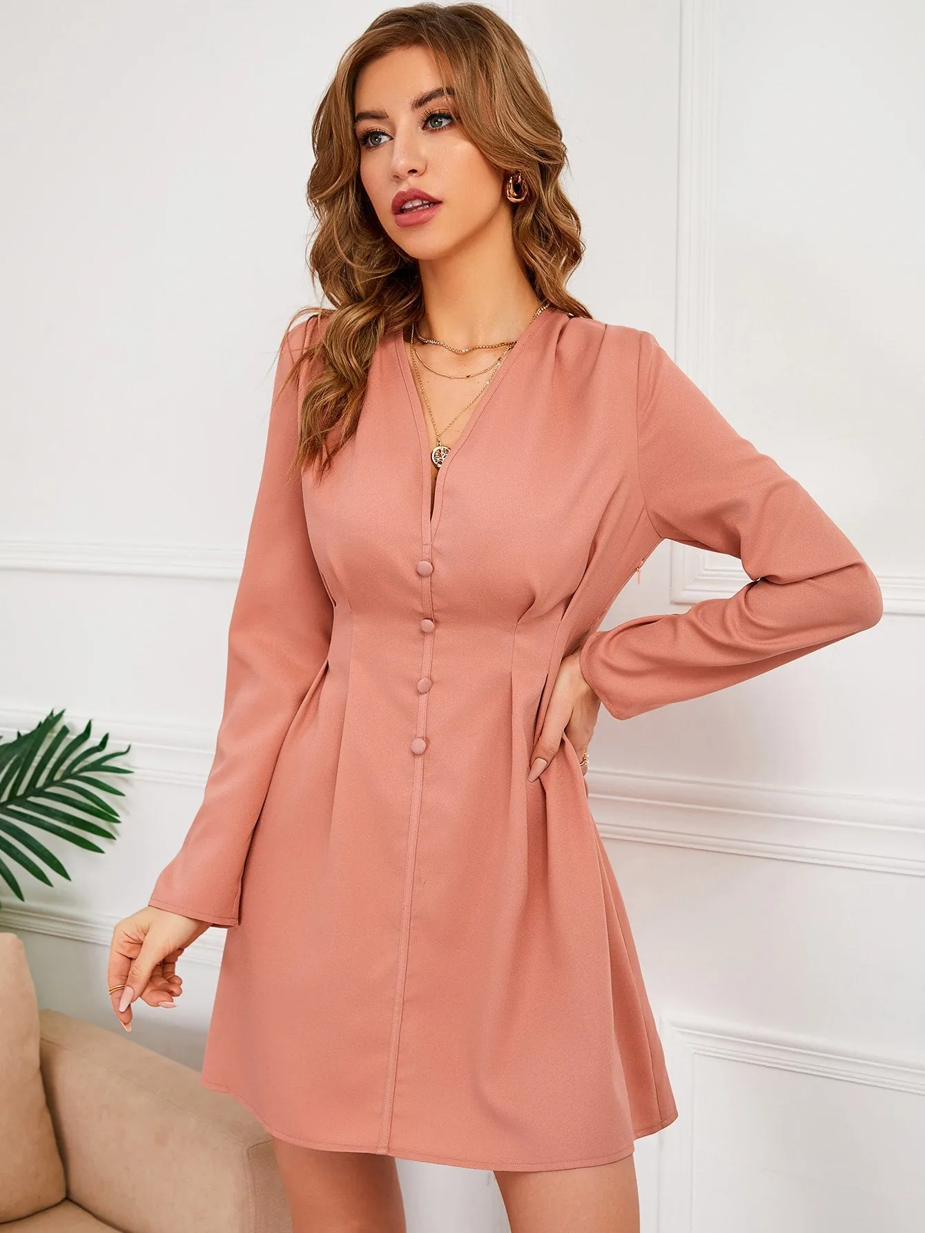 Elegant Plain Button Front Long Sleeve V Neck Straight Natural Short Dress