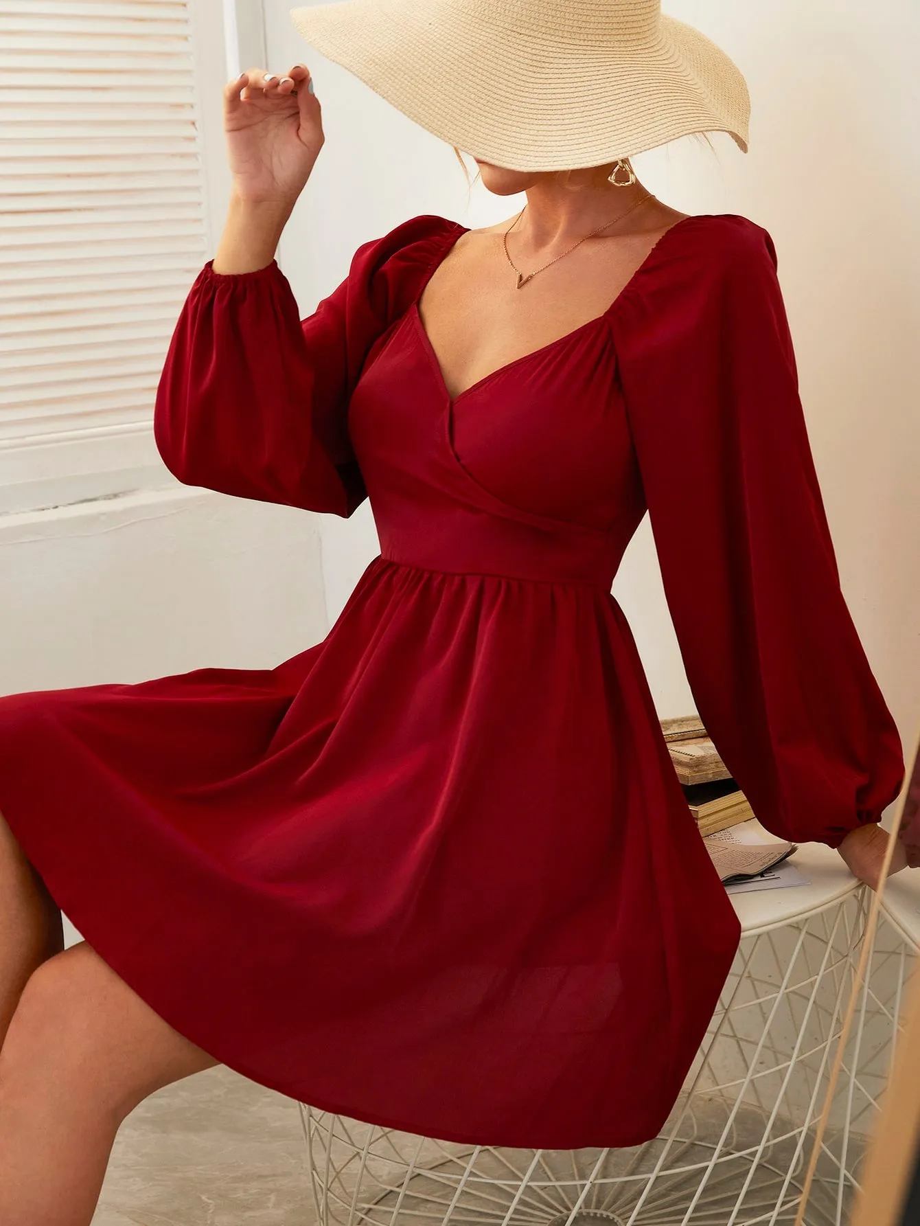 Elegant Plain Zipper Long Sleeve Sweetheart Flared High Waist Short Dress