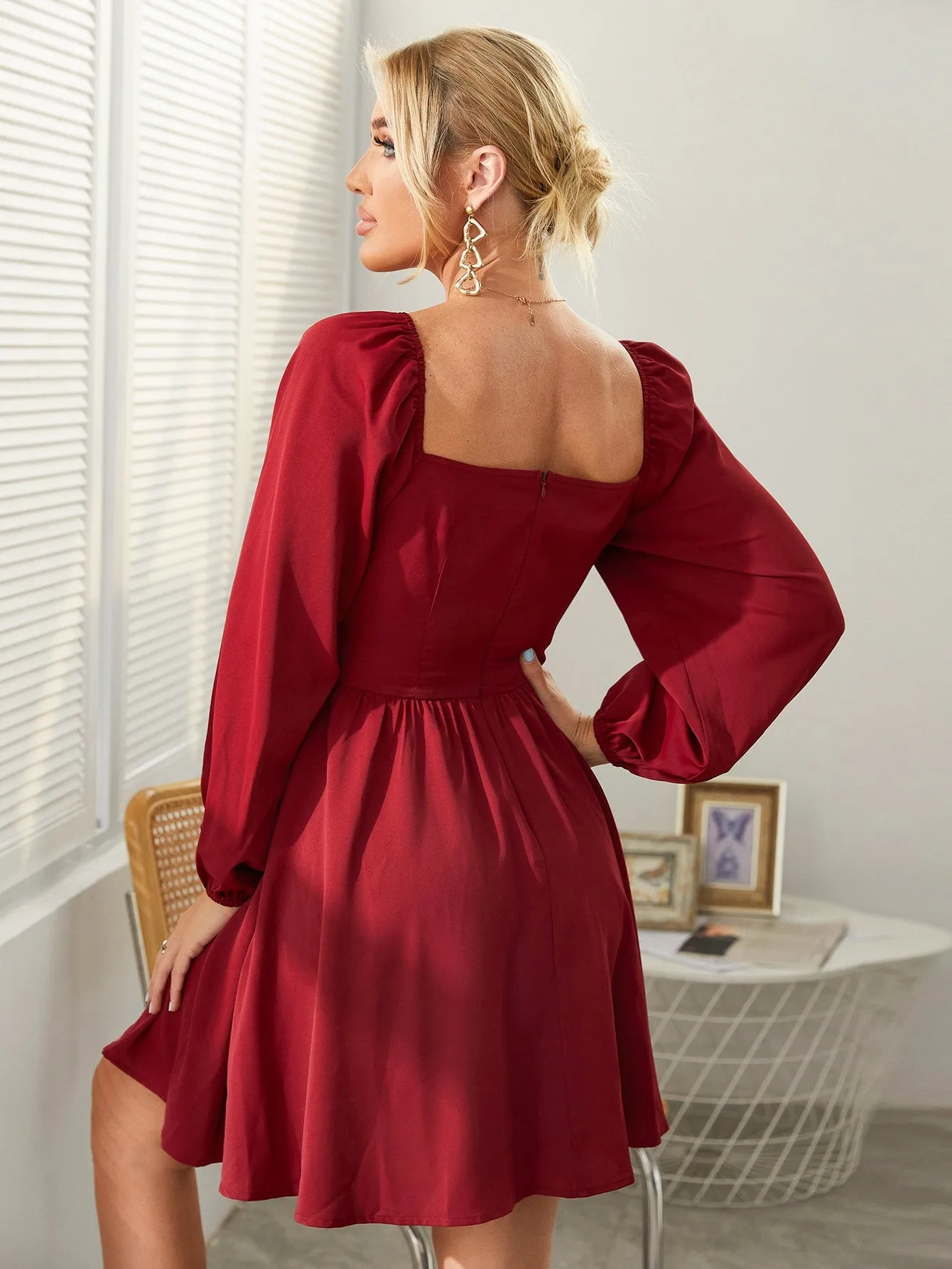 Elegant Plain Zipper Long Sleeve Sweetheart Flared High Waist Short Dress