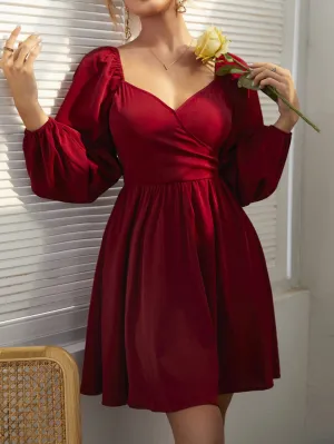 Elegant Plain Zipper Long Sleeve Sweetheart Flared High Waist Short Dress