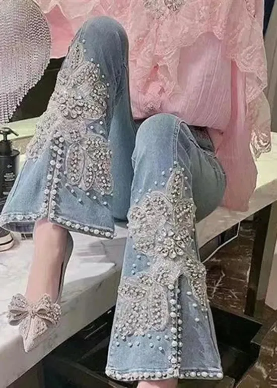 Fashion Black Pockets Nail Bead Denim Flared Trousers Spring FA232
