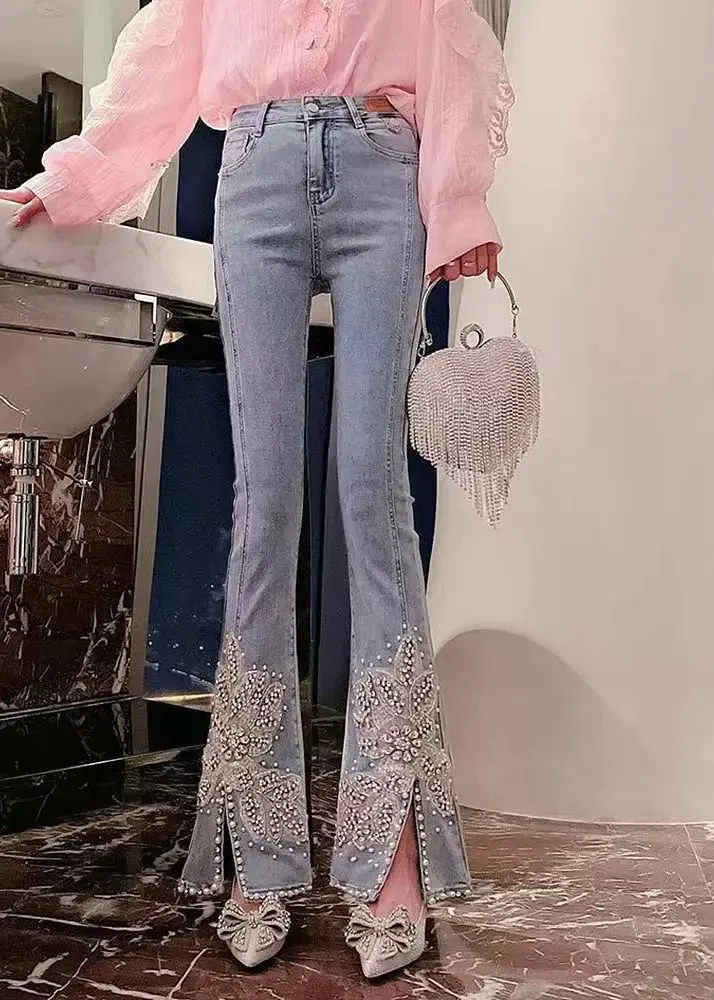 Fashion Black Pockets Nail Bead Denim Flared Trousers Spring FA232