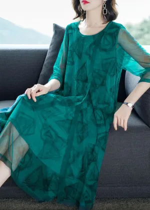 Fashion Green O-Neck Print Patchwork Tulle Maxi Dresses Summer LY7471
