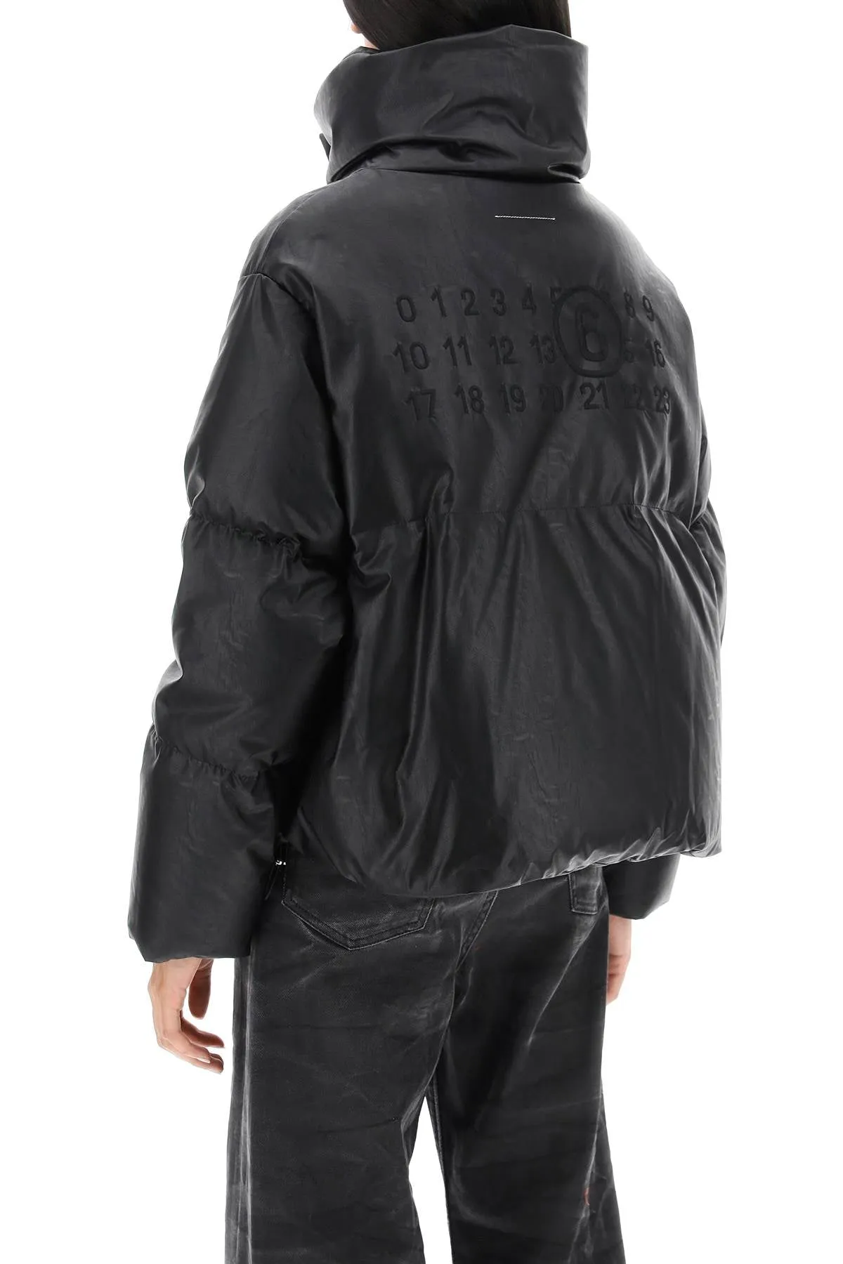 faux leather puffer jacket with back logo embroidery
