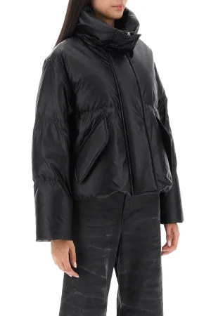 faux leather puffer jacket with back logo embroidery