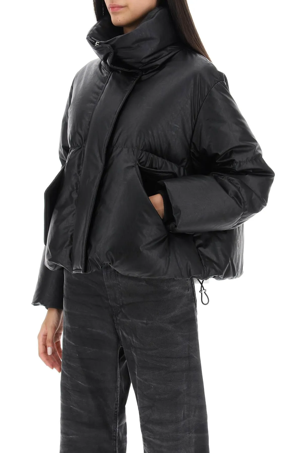faux leather puffer jacket with back logo embroidery