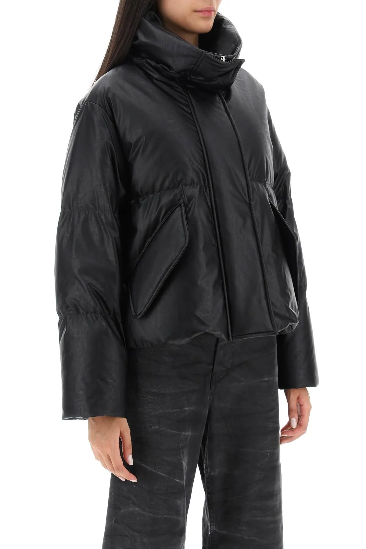 faux leather puffer jacket with back logo embroidery