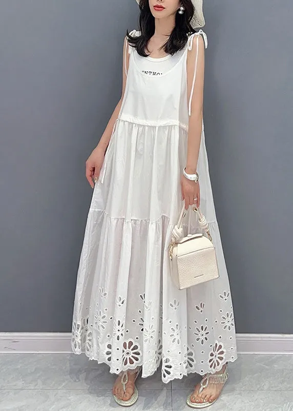 Fine White Patchwork Drawstring Maxi Slip Dresses Sleeveless LY4385