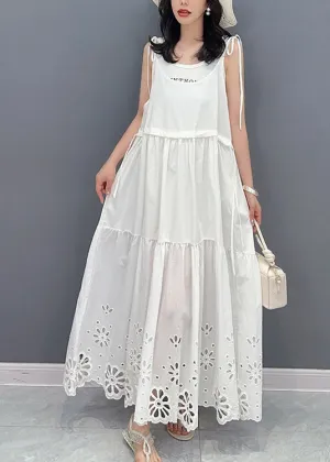 Fine White Patchwork Drawstring Maxi Slip Dresses Sleeveless LY4385