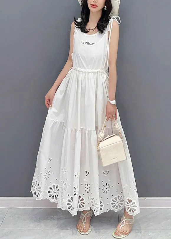 Fine White Patchwork Drawstring Maxi Slip Dresses Sleeveless LY4385