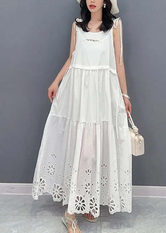 Fine White Patchwork Drawstring Maxi Slip Dresses Sleeveless LY4385