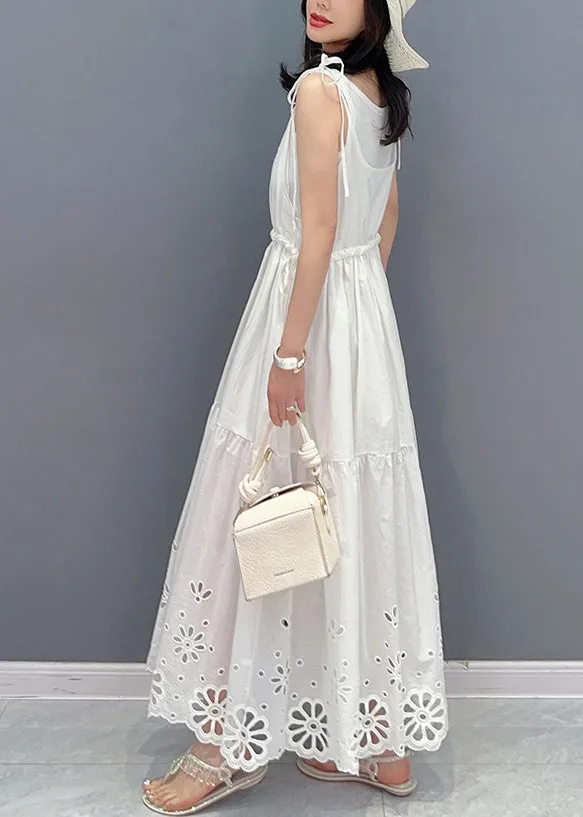 Fine White Patchwork Drawstring Maxi Slip Dresses Sleeveless LY4385