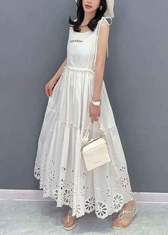 Fine White Patchwork Drawstring Maxi Slip Dresses Sleeveless LY4385