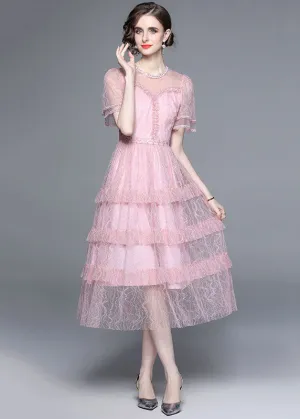 French Pink Ruffled Nail Bead Patchwork Tulle Long Dresses Summer LY7398