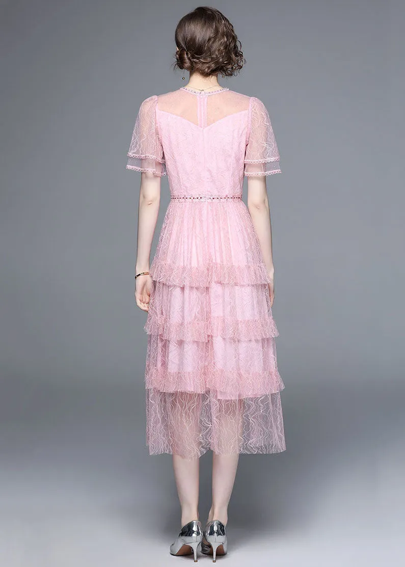French Pink Ruffled Nail Bead Patchwork Tulle Long Dresses Summer LY7398