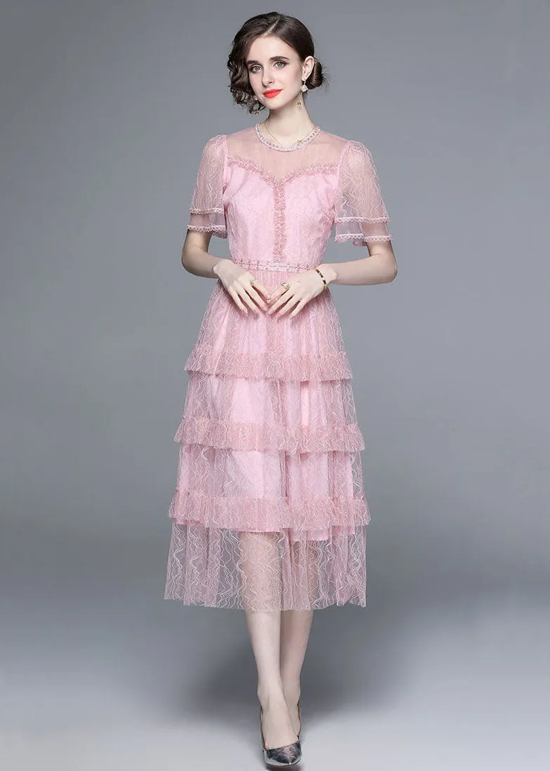 French Pink Ruffled Nail Bead Patchwork Tulle Long Dresses Summer LY7398