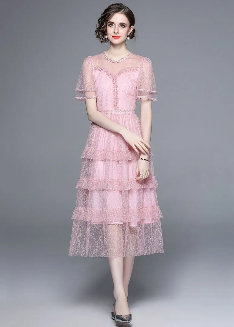French Pink Ruffled Nail Bead Patchwork Tulle Long Dresses Summer LY7398