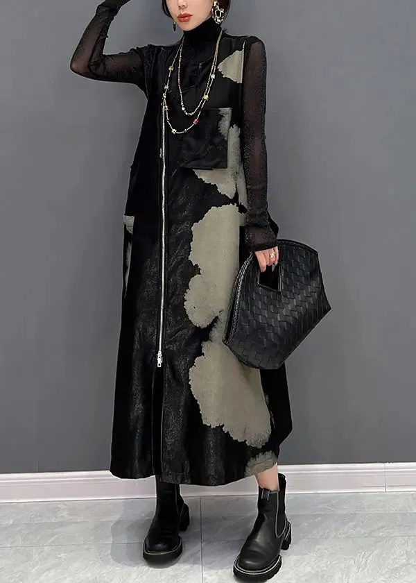 Italian Black Zip Up Patchwork Cotton Long Dresses Sleeveless ML3175