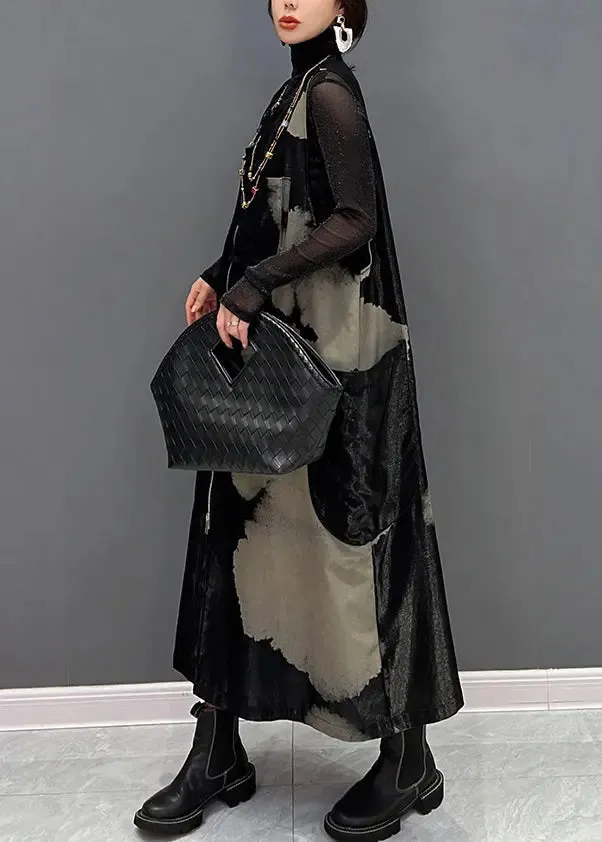 Italian Black Zip Up Patchwork Cotton Long Dresses Sleeveless ML3175