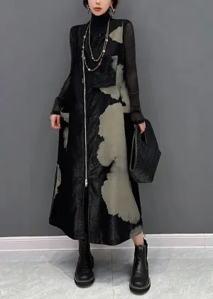 Italian Black Zip Up Patchwork Cotton Long Dresses Sleeveless ML3175