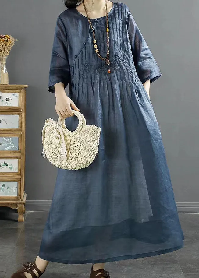 Italian Blue O Neck Embroideried Patchwork Long Linen Dresses Summer LY4123