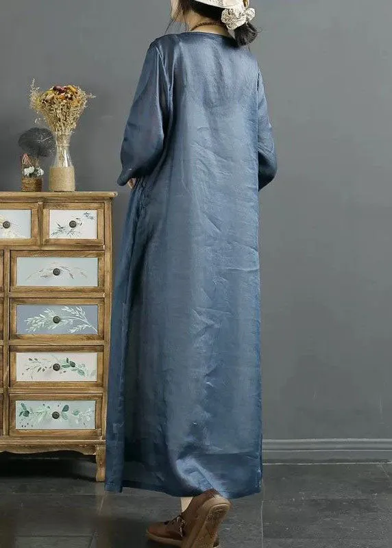 Italian Blue O Neck Embroideried Patchwork Long Linen Dresses Summer LY4123