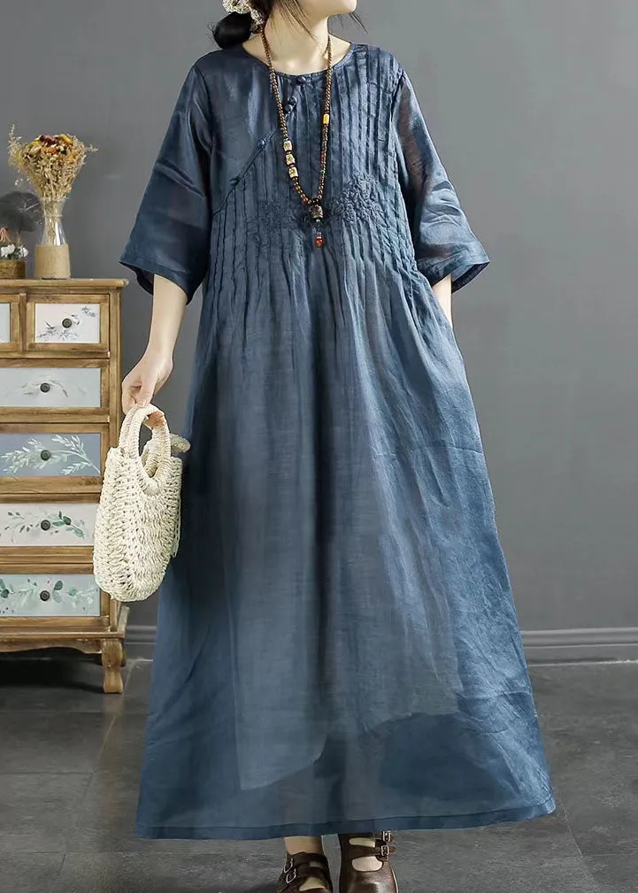 Italian Blue O Neck Embroideried Patchwork Long Linen Dresses Summer LY4123