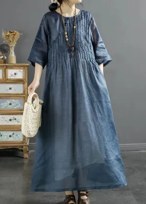 Italian Blue O Neck Embroideried Patchwork Long Linen Dresses Summer LY4123
