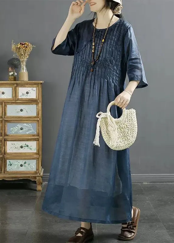 Italian Blue O Neck Embroideried Patchwork Long Linen Dresses Summer LY4123