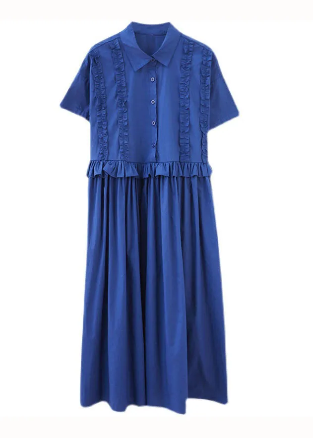 Italian Blue Ruffled Patchwork Long Cotton Shirts Dresses Summer LY5678