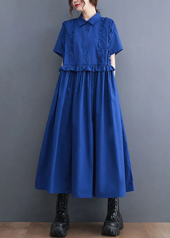 Italian Blue Ruffled Patchwork Long Cotton Shirts Dresses Summer LY5678