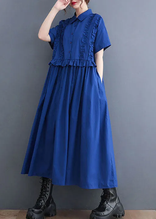 Italian Blue Ruffled Patchwork Long Cotton Shirts Dresses Summer LY5678