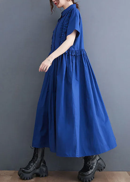 Italian Blue Ruffled Patchwork Long Cotton Shirts Dresses Summer LY5678