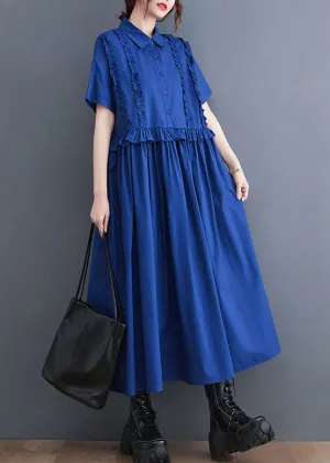 Italian Blue Ruffled Patchwork Long Cotton Shirts Dresses Summer LY5678