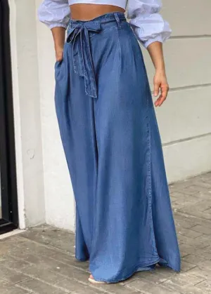 Italian Blue Tie Waist Oversized Denim Wide Leg Pants Trousers Summer LY3952