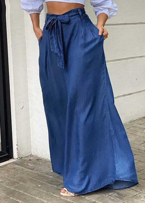 Italian Blue Tie Waist Oversized Denim Wide Leg Pants Trousers Summer LY3952