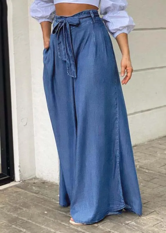 Italian Blue Tie Waist Oversized Denim Wide Leg Pants Trousers Summer LY3952