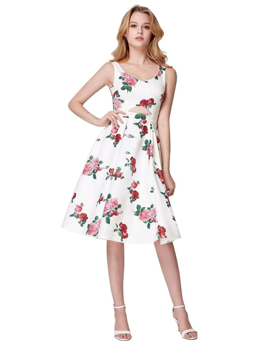 Knee Length Rose Print Party Dress