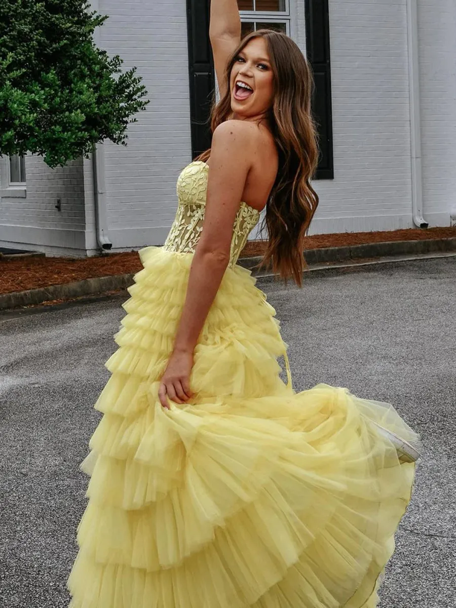 Korrine | Yellow Sweeteart A Line Tiered Tulle Long Prom Dress