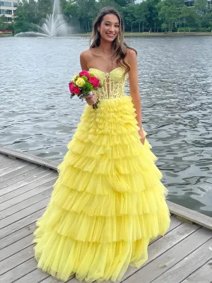 Korrine | Yellow Sweeteart A Line Tiered Tulle Long Prom Dress
