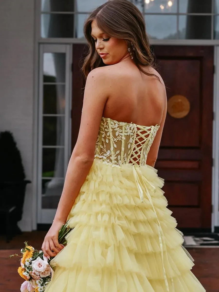 Korrine | Yellow Sweeteart A Line Tiered Tulle Long Prom Dress