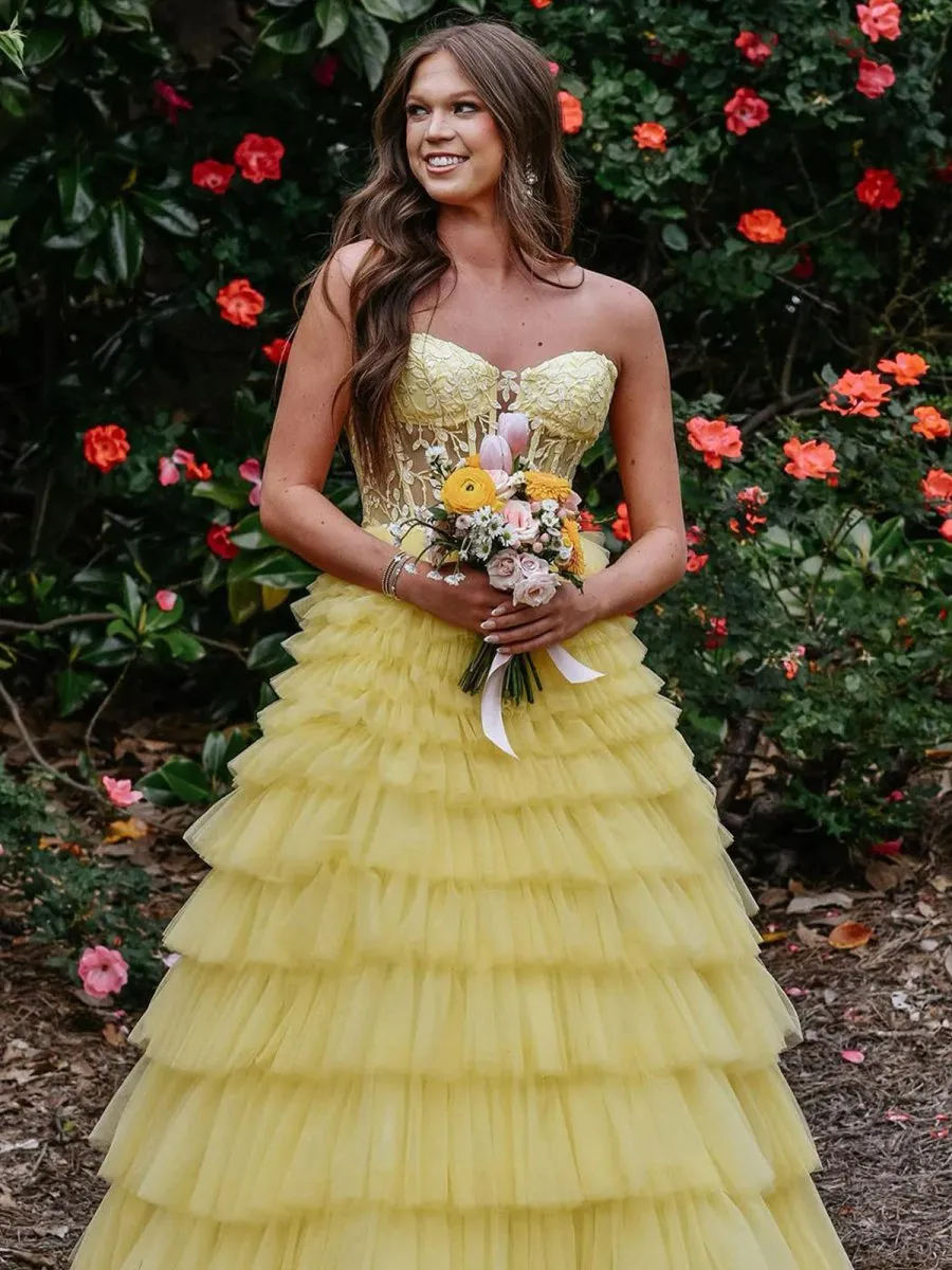 Korrine | Yellow Sweeteart A Line Tiered Tulle Long Prom Dress