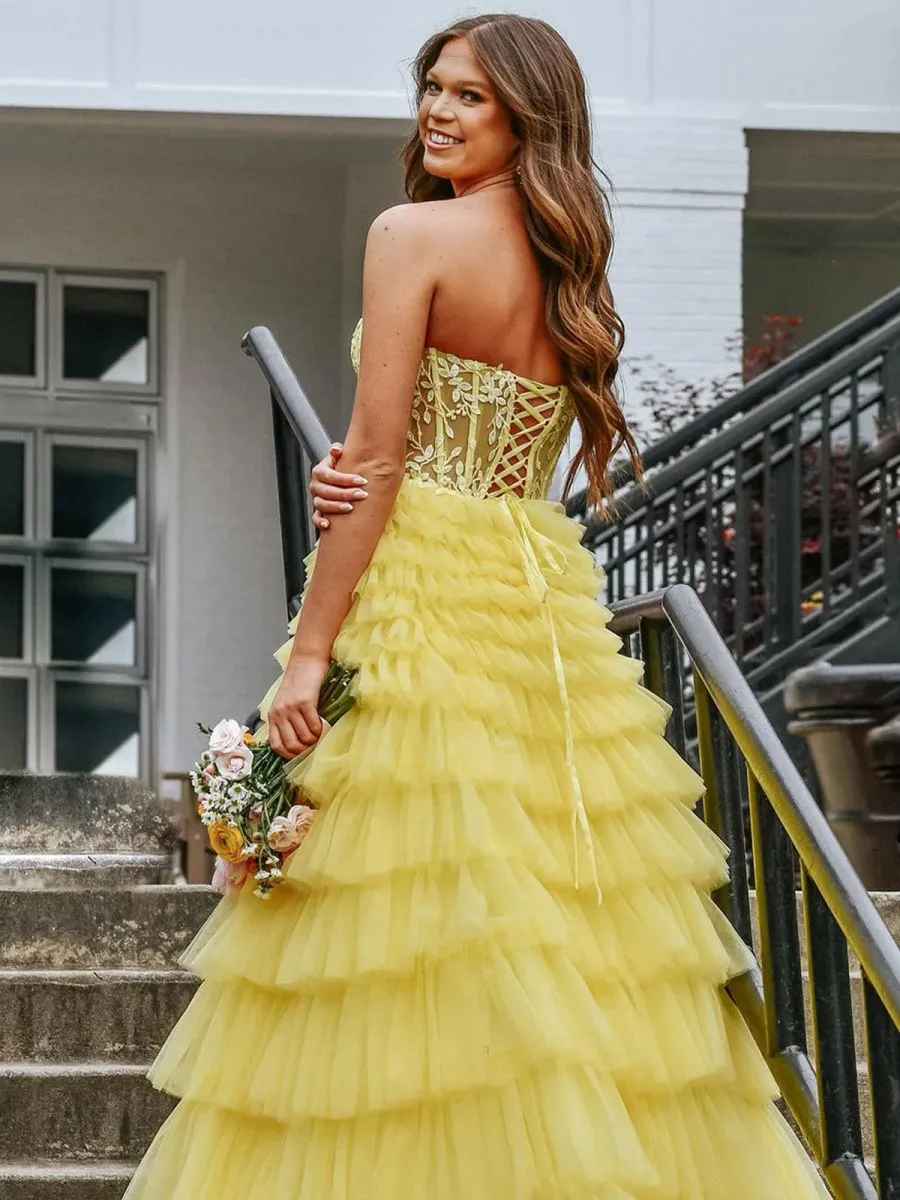 Korrine | Yellow Sweeteart A Line Tiered Tulle Long Prom Dress