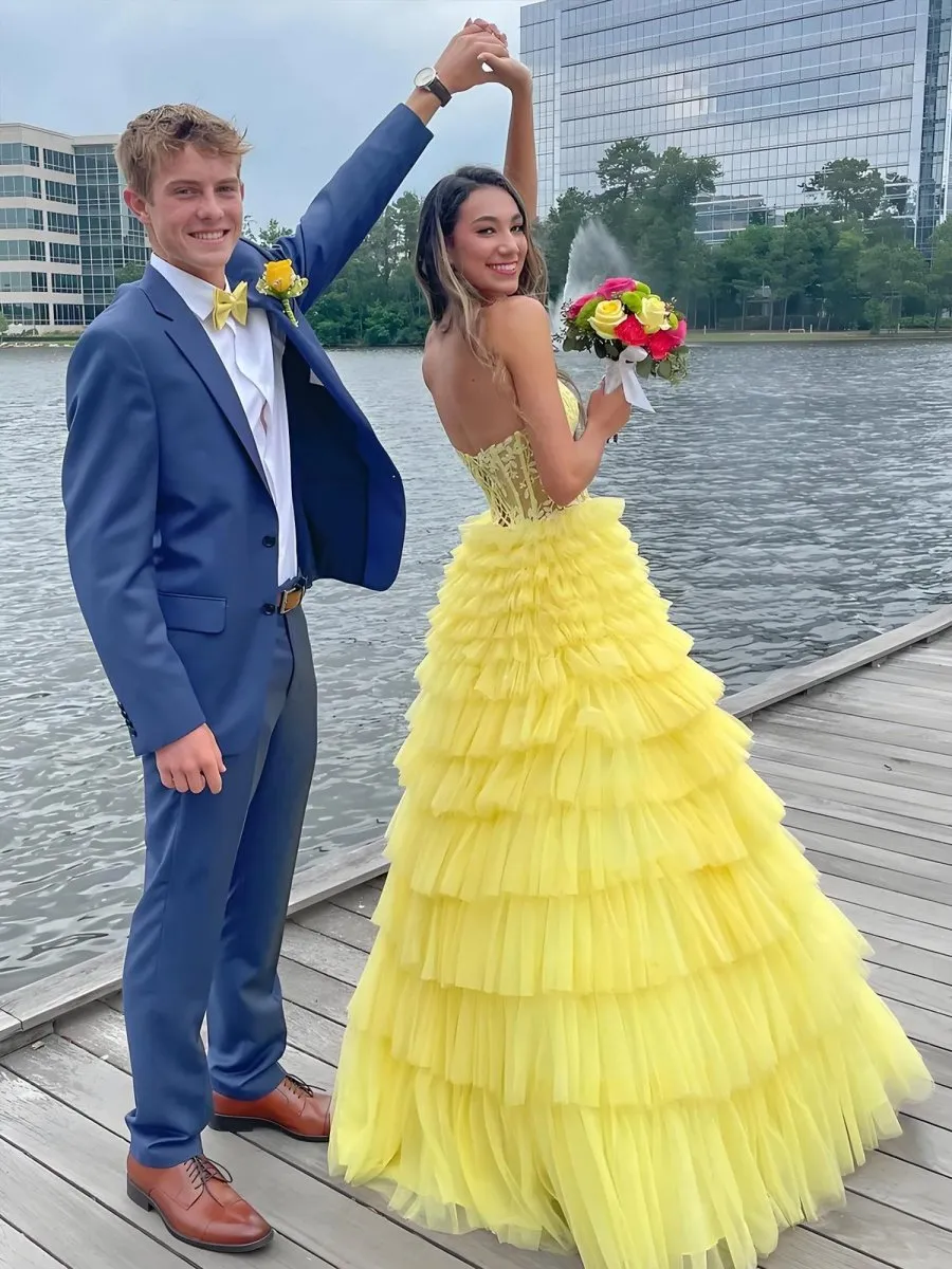 Korrine | Yellow Sweeteart A Line Tiered Tulle Long Prom Dress