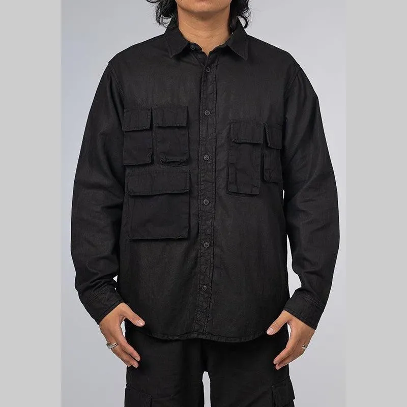 Long Sleeve Multi Pocket Shirt - Black