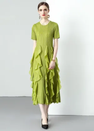 Loose Green O-Neck Ruffled Patchwork Chiffon Long Dresses Summer LY7390