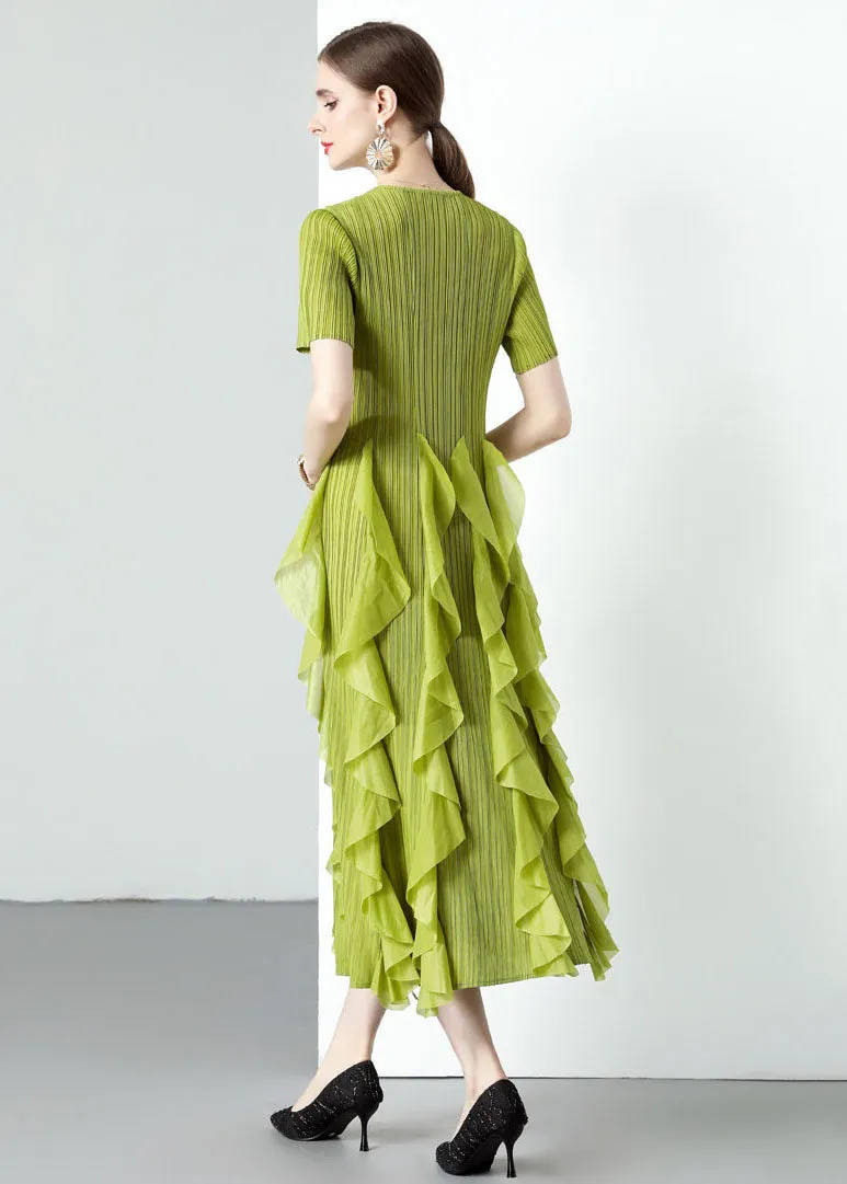 Loose Green O-Neck Ruffled Patchwork Chiffon Long Dresses Summer LY7390