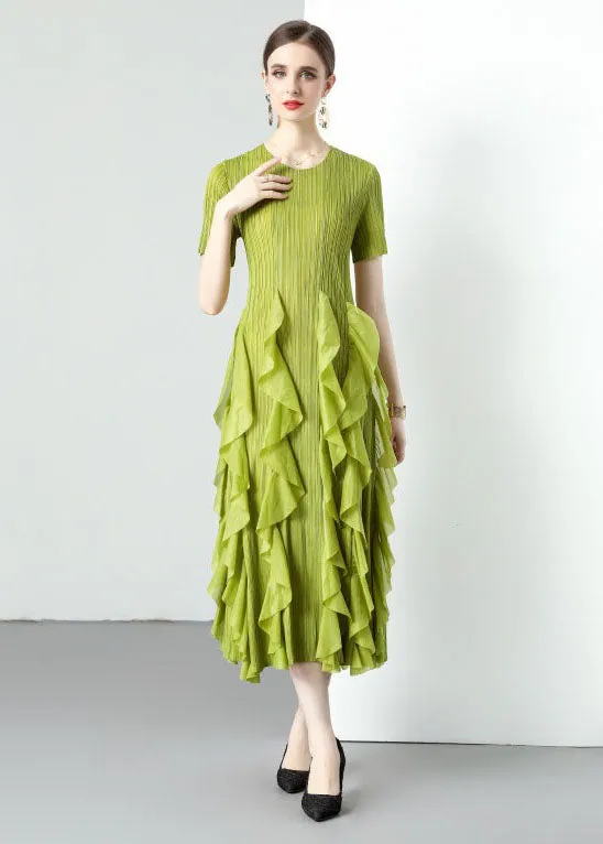 Loose Green O-Neck Ruffled Patchwork Chiffon Long Dresses Summer LY7390