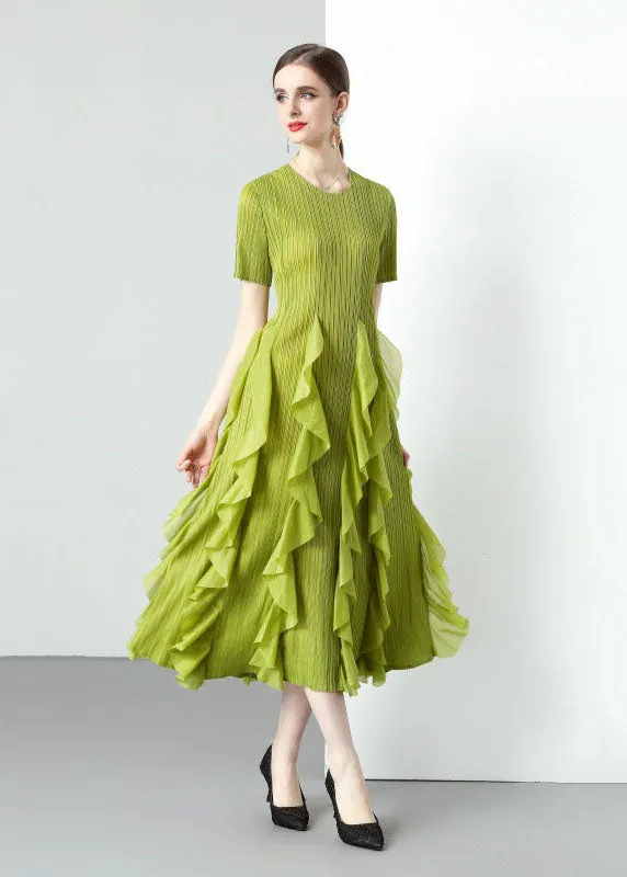 Loose Green O-Neck Ruffled Patchwork Chiffon Long Dresses Summer LY7390